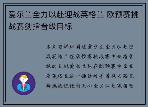 爱尔兰全力以赴迎战英格兰 欧预赛挑战赛剑指晋级目标