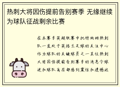 热刺大将因伤提前告别赛季 无缘继续为球队征战剩余比赛