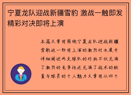 宁夏龙队迎战新疆雪豹 激战一触即发精彩对决即将上演