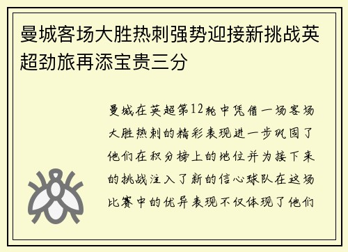 曼城客场大胜热刺强势迎接新挑战英超劲旅再添宝贵三分