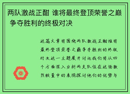 两队激战正酣 谁将最终登顶荣誉之巅 争夺胜利的终极对决
