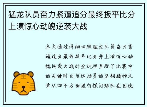 猛龙队员奋力紧逼追分最终扳平比分上演惊心动魄逆袭大战