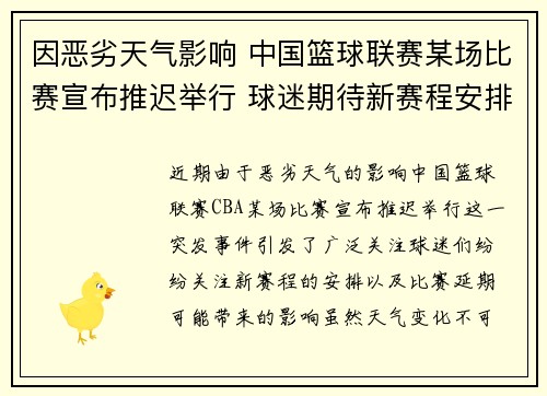 因恶劣天气影响 中国篮球联赛某场比赛宣布推迟举行 球迷期待新赛程安排