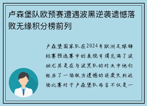 卢森堡队欧预赛遭遇波黑逆袭遗憾落败无缘积分榜前列